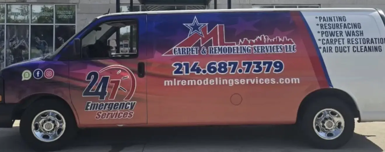 ML Carpet & Remodeling Services work van with a red, white and blue wrap, the phone number and a 24/7 emergency services graphic.