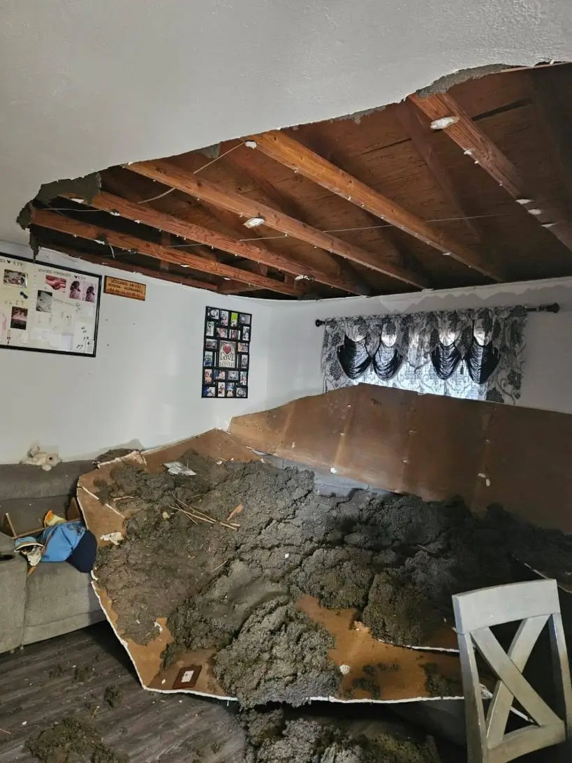 Living room ceiling collapsed onto the sofa, wet insulation piled on the floor and joists exposed.